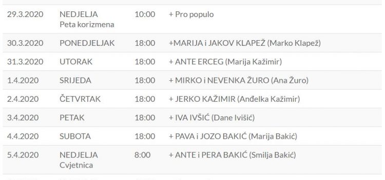 Raspored svetih misa za duše pokojnih kroz svibanj 2020.